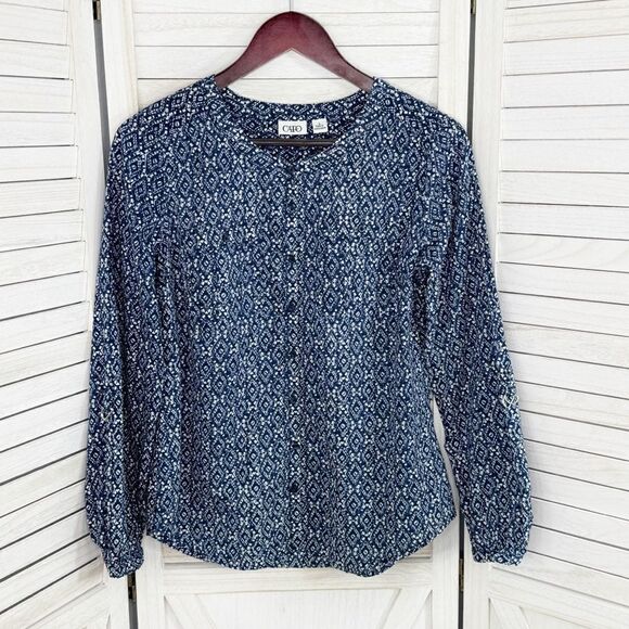 Cato Ikat Diamond Print Button Up Shirt Blue White Small Long Sleeve - Picture 12 of 15